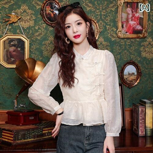 【送料無料】ファッション おしゃれ 上品 チャイナ風 刺繍 シフォンシャツ 秋服 秋 レトロ ボタン トップス シャツ