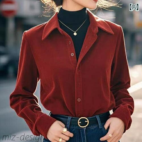 【送料無料】トップス おしゃれ 上品 通勤 オフィス カジュアル アンカー レッド コーデュロイ 長袖 シ..