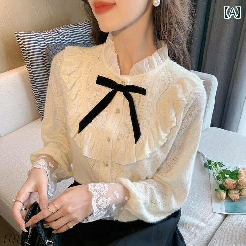 【送料無料】トップス おしゃれ エレガント 通勤 オフィス カジュアル ファッション 起毛 レース 長袖 シャツ 秋冬 フレンチ