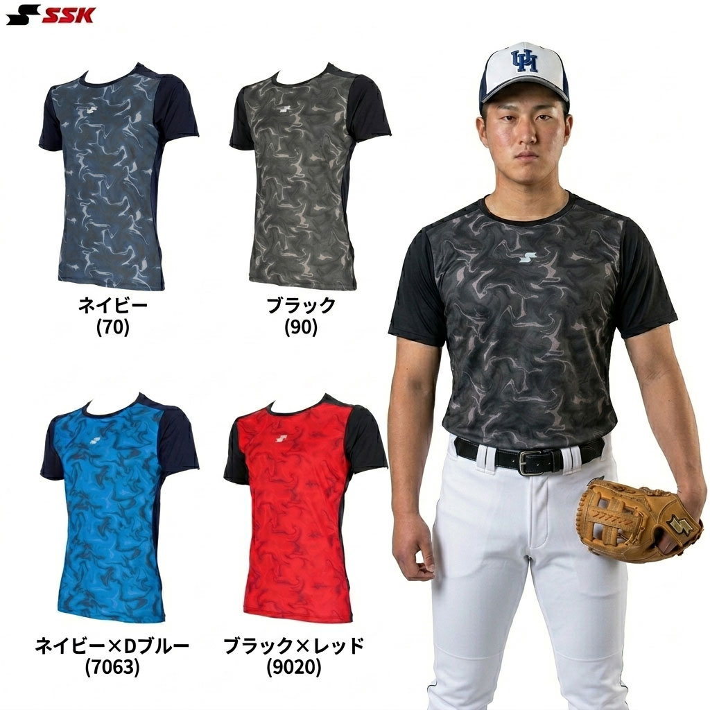 ■品番 BUE241LH ■商品説明 昇華グラフィックを施した、ミドルフィットアンダーシャツ。 アンダーシャツとしても、半袖Tシャツとしても着用可能です。 ■素材 ポリエステル100% ■カラー ネイビー(70) ネイビー×Dブルー(7063) ブラック(90) ブラック×レッド(9020) ■サイズ SSK MEN'S SIZE サイズ：身長 / 胸囲 / 胴囲 M：167-173 / 90-94 / 74-82 L：172-178 / 94-98 / 78-86 O：177-183 / 98-102 / 82-90 XO：182-188 / 102-106 / 86-94 ■当商品は地肌に直接身に着けるタイプの商品の為、返品・交換等の不可となります。 ■当社在庫商品 ・メーカー希望小売価格はメーカーサイトに基づいて掲載しています。