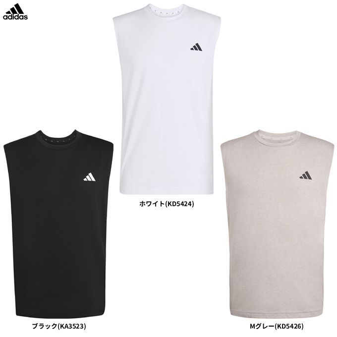 ■品番 LOG28 ■商品説明 ワークアウト エッセンシャルズ ノースリーブ 半袖Tシャツで、力強くトレーニングセッションを乗り切ろう。 胸元のスリーバー ロゴが、アディダスならではのスタイルを象徴。 誰もが手に取りやすい、ハイパフォーマンスウェアのコレクション。 ?涼しく、ドライに、そしていつでも準備は万端。 クライマクールテクノロジーが汗をすばやく吸収・拡散し、涼しくドライなコンディションをキープ。 プレーの集中力をサポート。 ノースリーブのデザインと通気性の良いシングルジャージー生地で、快適さと自信が持続。 どんな動きにもスムーズに対応。? アディダスTシャツはあらゆるトレーニングをサポートする心強いアイテム。 ウェイトでもランニングでも、快適さと自信を保てる。 ■素材 ポリエステル70% 綿30% ■カラー ブラック(KA3523) ホワイト(KD5424) Mグレー(KD5426) ■サイズ adidas MEN'S SIZE サイズ：身長 / チェスト / ウエスト XS：157-163 / 81-87 / 67-73 S：162-168 / 85-91 / 71-77 M：167-173 / 89-85 / 75-81 L：172-178 / 93-99 / 79-85 XL：177-183 / 97-103 / 83-89 2XL :182-188 / 101-107 / 87-93 3XL:187-193 / 105-111 / 91-97 4XL:192-198 / 109-115 / 95-101 ■当社在庫商品