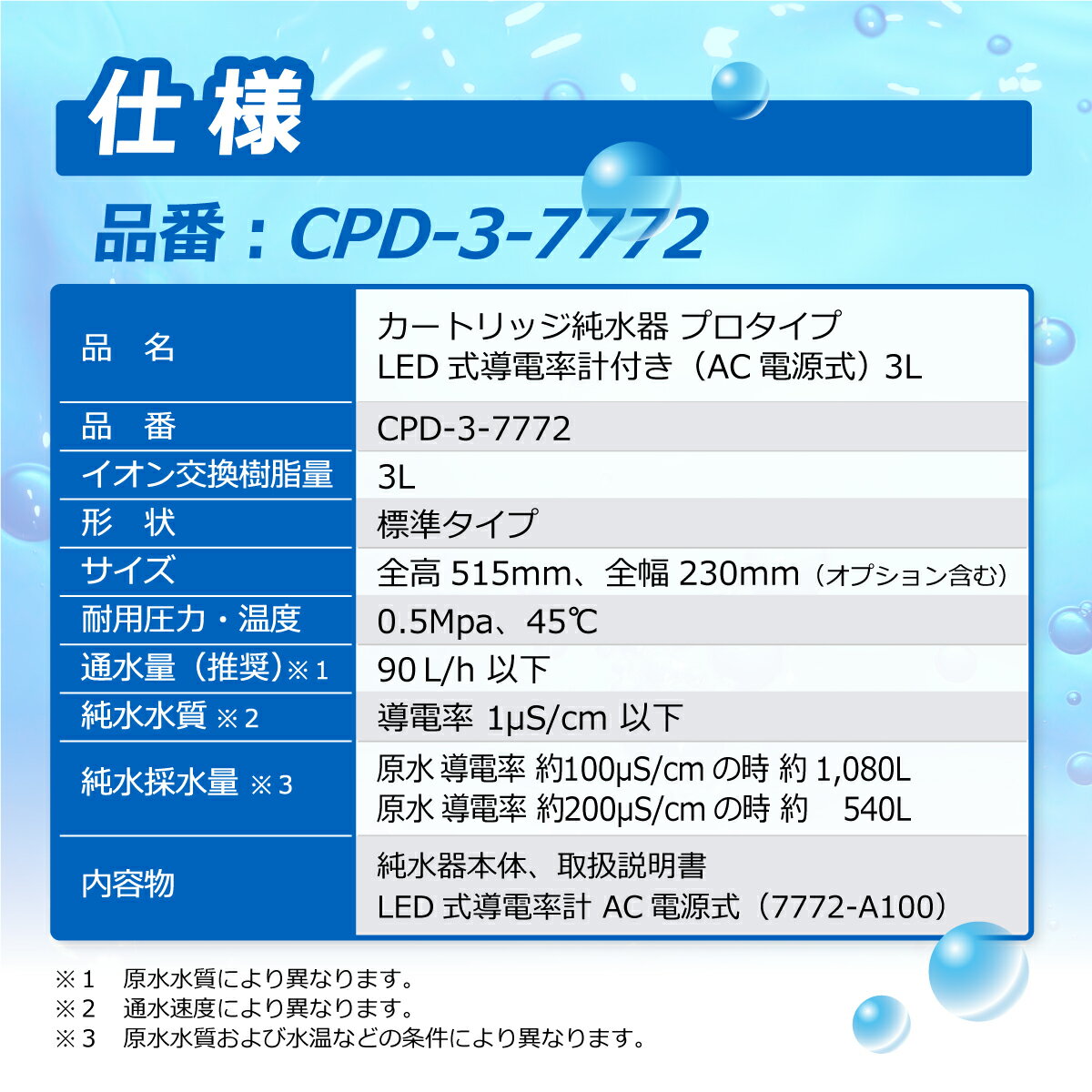 サンエイ化学 カートリッジ純水器 3L プロタイプ LED式導電率計(AC電源式)付き CPD-3-7772 イオン交換樹脂 3L入り 純水 洗車 | 洗車用 純水器 純水機 水アカ ウォータースポット イオンデポジット 加湿器 アクアリウム バッテリー補充液 精製水 3