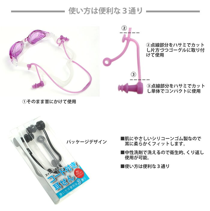 水着屋の水泳用コード付き耳栓（イヤープラグ） SWANS スワンズ SA-57AB｜アングル3