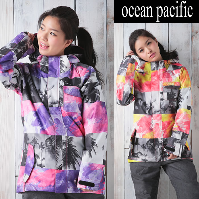 【新着】【あす楽対応】 ［OP］ocean pacific オーシャンパシフィック パームツリー柄 レディース スノージャケット ♪ 耐水圧10,000mm・耐水性・透湿性を備えた、ハイスペック素材を使用しています。 SWL-OP-545504 ［OP］ オーシャンパシフィック 公式国内ライセンス商品です。在庫限り！ &nbsp; &nbsp; &nbsp; ※↓商品画像をクリックすると拡大してご覧になれます。 C/#:OP-545504-PPL パープル &nbsp; C/#:OP-545504-RD レッド &nbsp; ※↓スペックNO.1&#12316;13のUP画像です。 ［2:CHIN GUARD FLAP］ 着用時のあごの擦れを防止♪ ［3,4:VENTILATION画像］ 衣服内の温度調節が可能♪ベンチレーション部には、雪の進入を防ぐメッシュを使用♪ ［9:POWDER SKIRT10:JOINTSYSTEM画像］ 裾からの雪・風の進入をシャットアウト！パンツとジャケットがジョイント可能です♪ ［5:GOGGLE POKET画像］ ゴーグル未使用時に収納できる専用ポケット付♪ ［13:INNER CUFFS画像］ 袖口からの雪の進入を防ぎます♪ ［機能TAG画像］ 耐水圧：10,000mm、透湿性：5,000g/m2/24hrsを備えた、ハイスペック素材を使用◎ &nbsp; &nbsp; &nbsp;