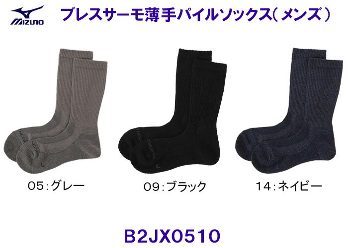 ミズノ MIZUNO メンズ ブレスサーモ 薄手 パイルソックス B2JX0510 発熱素材 靴下 25cm-27cm /2023FW