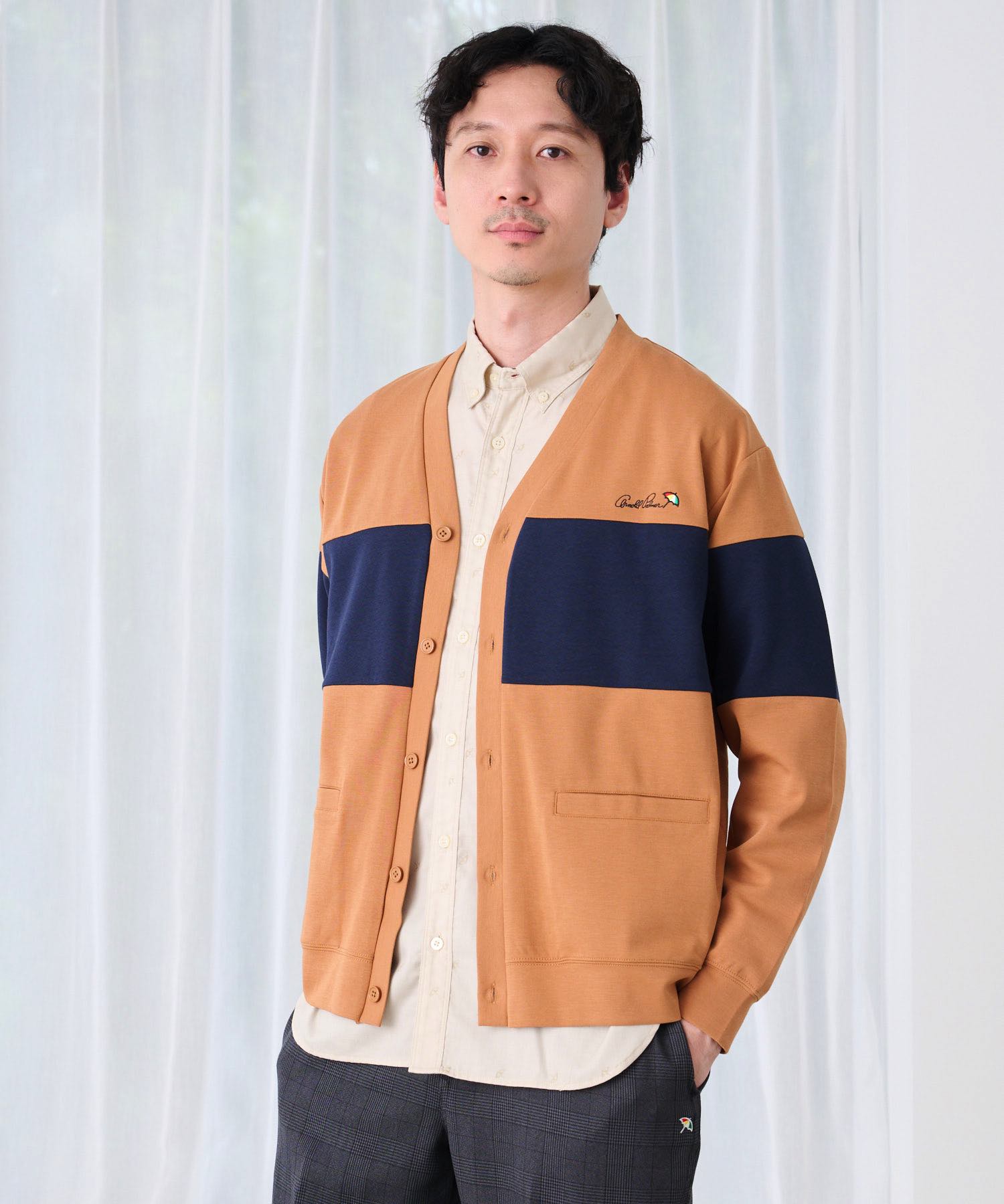 【公式】 送料無料 アーノルドパーマー ストレッチポンチ パネルボーダー カーディガン メンズ ブラック ベージュ オレンジ シンプル カジュアル 秋 冬 パパ 仕事 通勤 通学 公園 デイリー パネルボーダーデザイン スリットポケット ポンチ生地 ストレッチ レイヤード 25aw