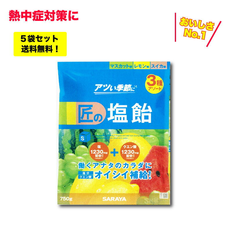 [5月はエントリーでポイント10倍]熱中症対策！サラヤ　[匠の塩飴]　3種　アソートミックス　750g×5袋セット　（レモン味）（マスカット味）（スイカ味）　暑さ対策　塩分補給　クエン酸　塩あめ　キャンディー　スポーツ　作業