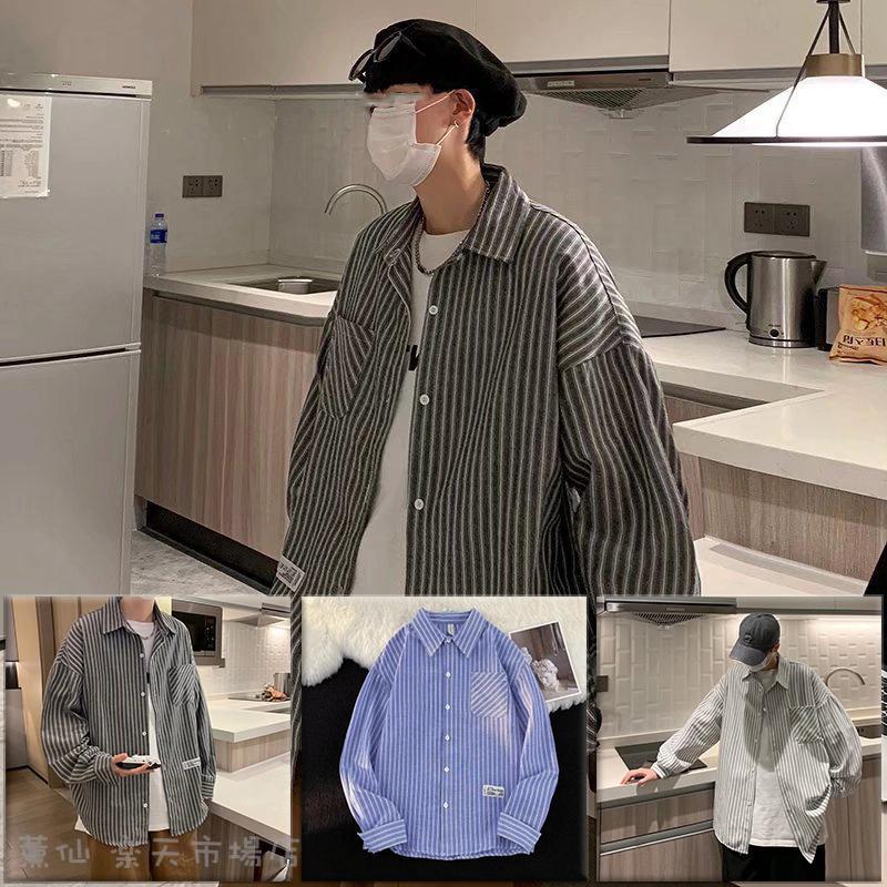 乐天商城 - シャツ メンズ 長袖 オシャレ 綿 ストライプ 開襟シャツ カジュアルシャツ 男女兼用 カップル 春夏秋