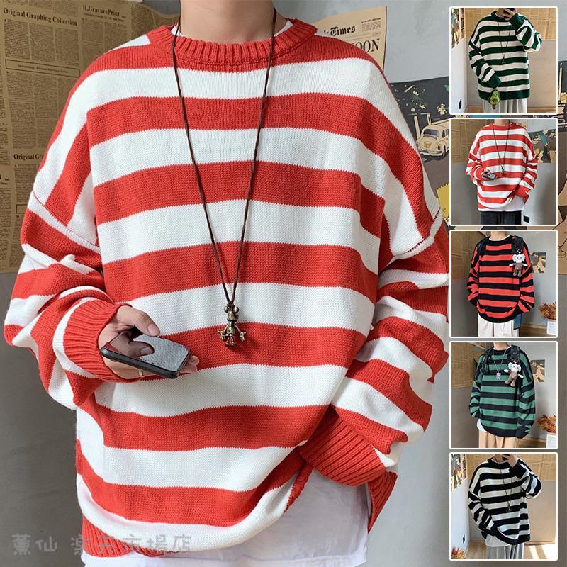 Knit Sweater - ニットセーター メンズ 冬服 ニットソー クルーネック ボーダー柄 おしゃれ リブ編み 防寒 あったか