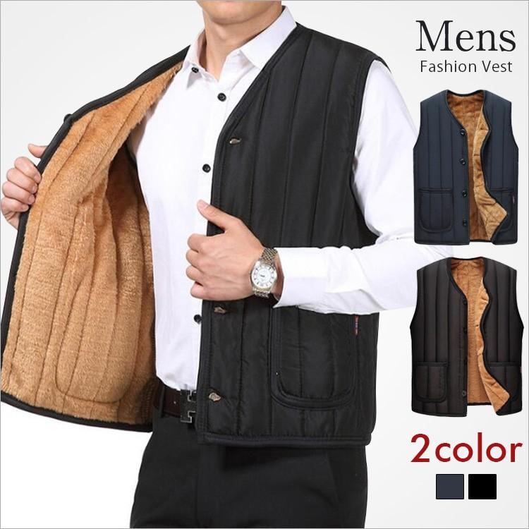 Vests - メンズファッション 秋冬 ベスト 紳士 無地 カジュアル 綿入れ チョッキ ノースリーブ 新作 軽量 ゆったり 厚いチョッキ 起毛加工 送料無料
