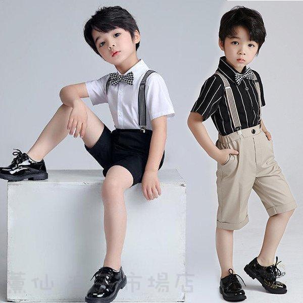 スーツ フォーマル 男の子 4点セット タキシード風 ストライプ 半袖シャツ 夏 子供服 男児 リボン 演出服 結婚式 入学式 卒園式 卒業式 発表会 ピアノ演奏
