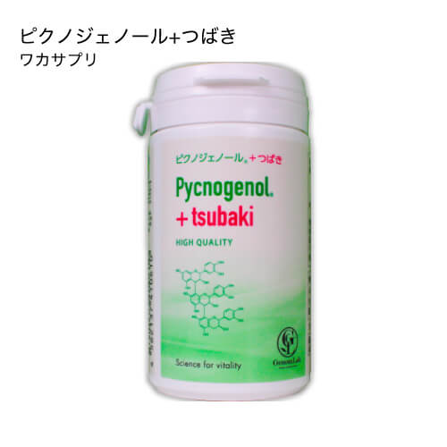 ブランド名 ワカサプリ 商品名 ワカサプリ ピクノジェノール+つばき 内容量 60粒（約1ヵ月分） 特徴 [含有量] 100mg/2粒[形状] ソフトカプセル ピクノジェノールを2粒に100mg配合 1日分目安の2粒に、ピクノジェノールを100mg配合したサプリメントです。肥料や農薬などを一切使用しないで成長した樹齢25年以上のフランス海岸松の樹皮を、伐採後24時間以内にホーファー・リサーチ社が提携するバイオランデス社に運ばれ、ピクノジェノールは抽出されます。ピクノジェノールはホーファリサーチ社の商標登録です。 伊豆大島産のツバキ 伊豆大島産のツバキから、伝統の技で溶剤や薬剤を使用せず、伝統的な玉締め法で絞り出した椿油をバランスよく配合しています。 トウモロコシと海藻由来の植物性ソフトカプセルを使用 ゼラチンに比べ体内での溶解が早く、アレルギーの心配がない植物性ソフトカプセルを使用しています。 健康補助食品GMP認定工場で製造 口に入るものである以上安心して飲み続けられるように、厳しい品質管理・製造管理のもとで、安全性や品質が確保された国内の工場で製造しています。 お召し上がり方 食品として1日あたり2粒を目安に水またはぬるま湯などと共に召し上がりください。 原材料をご参照の上、食品アレルギーのある方はお召し上がりにならないでください。 栄養成分 エネルギー：2.64kcal / たんぱく質：0.00g / 脂質：0.21g / 炭水化物：0.18g / ナトリウム：1.00mg / ビタミンD：2.50μg フランス海岸松樹皮エキス（ピクノジェノール）：50.0mg / 椿油：180.0mg※1粒中（419mg）被包材を含む 原材料 椿油、デンプン、フランス海岸松樹皮エキス、グリセリン、ゲル化剤（カラギナン）、ミツロウ、デュナリエラカロテン、カラメル色素、ビタミンD 賞味期限 パッケージに記載 保存方法 常温暗所に保存してください。 区分 健康補助食品 製造国 日本 開発元 株式会社 分子生理化学研究所 販売元 株式会社フジテックス 広告文責 株式会社キャピタルビューティージャパン ／ 連絡先：0120-946-032