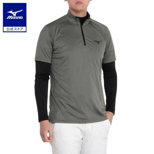 ミズノ公式 レイヤードセット 半袖ハーフジップシャツ/長袖モックネックシャツ 大きいサイズ メンズ チャコールグレー×ブラック