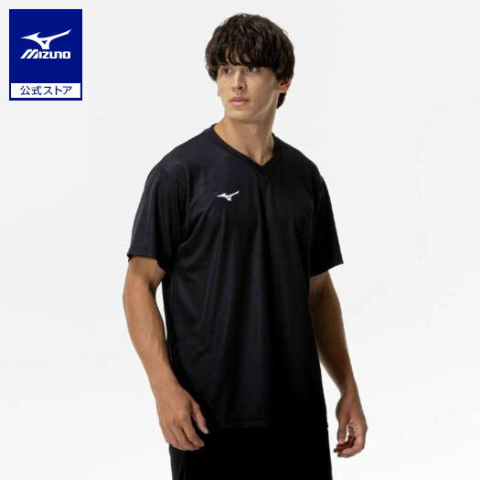 ミズノ公式 ナビドライTシャツ 半袖/Vネック メンズ ブラック×ホワイト