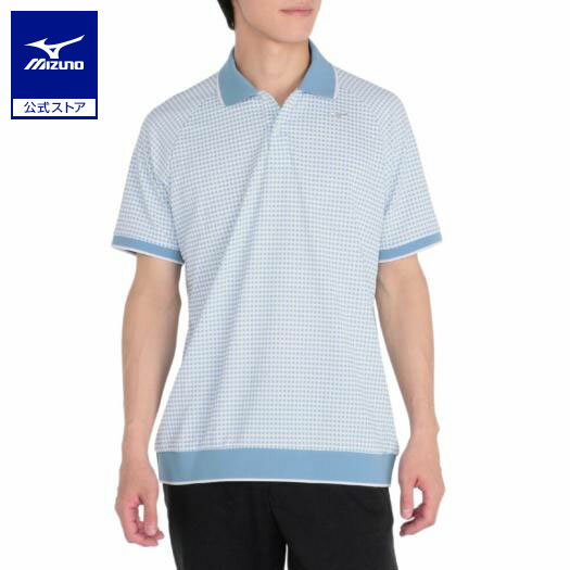 ミズノ公式 ゴルフウェア ニットジャガードギンガム半袖リブ衿シャツ メンズ ライトブルー クリアランス