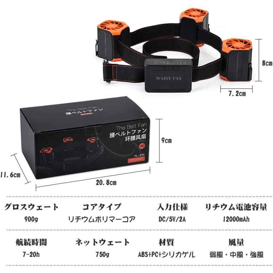 ベルトファン 12000mAh大容量 20倍強風 腰掛けベルト付きファン