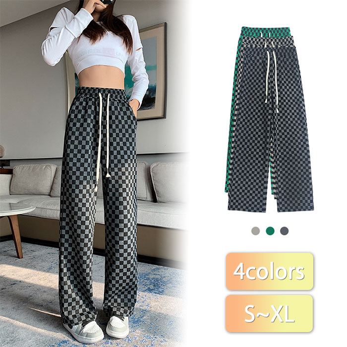 Cropped Pants - 秋 チェッカーボード柄 春 ストレートパンツ ワイドパンツ レディース レディース プリーツパンツ