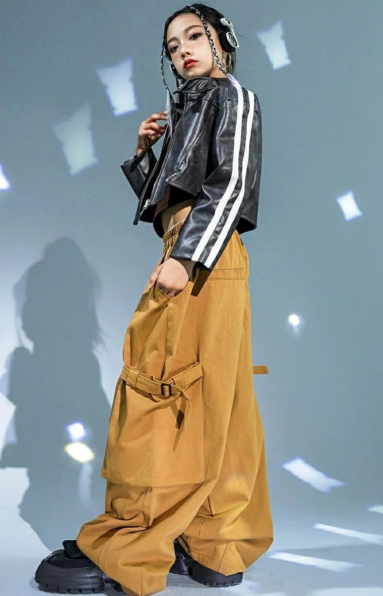 レザージャケット ダンス キッズ キャミソール キッズ ショート丈トップス へそ出し ダンス カーゴパンツ キッズダンス 衣装