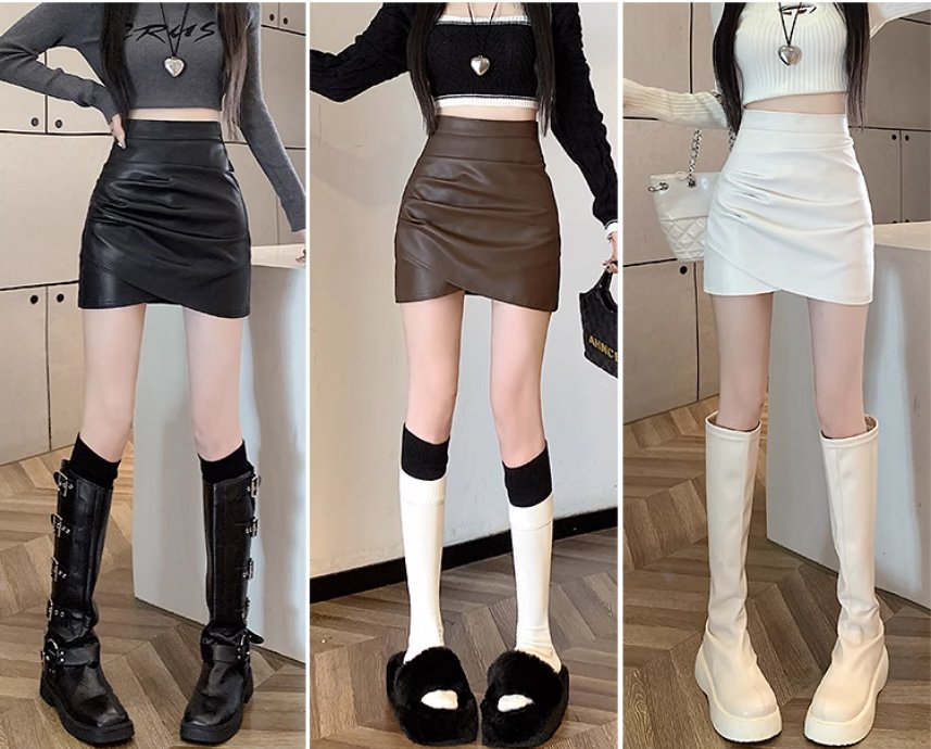 スナ ハイウエスト ギャザー レザー かわいい カジュアル かっこいい 無地 春 秋 冬 お出かけ 脚長 白 黒