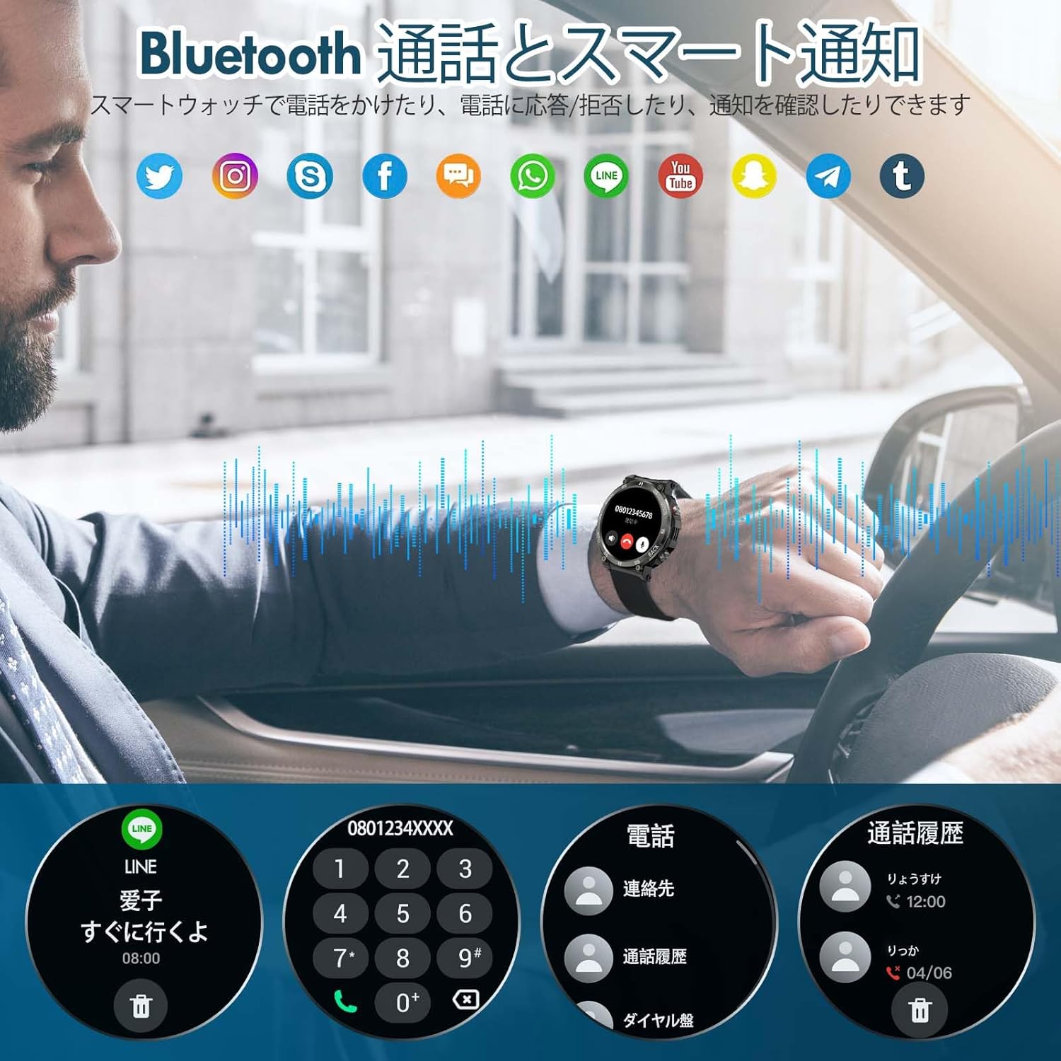 軍用規格 音声アシスタント iphone対応 android対応 ブレスレット腕時計 日本製センサー 通話機能付き スマートウォッチ