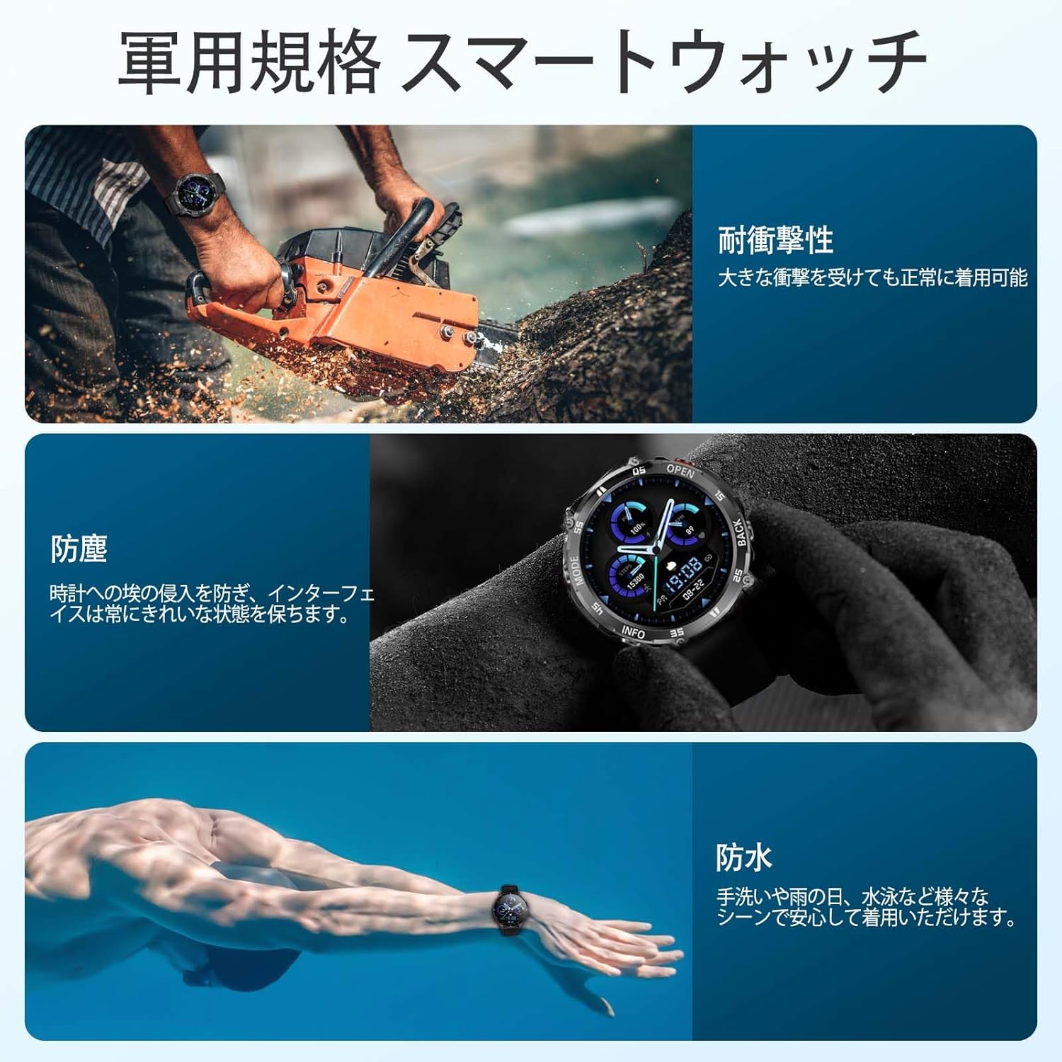 軍用規格 音声アシスタント iphone対応 android対応 ブレスレット腕時計 日本製センサー 通話機能付き スマートウォッチ