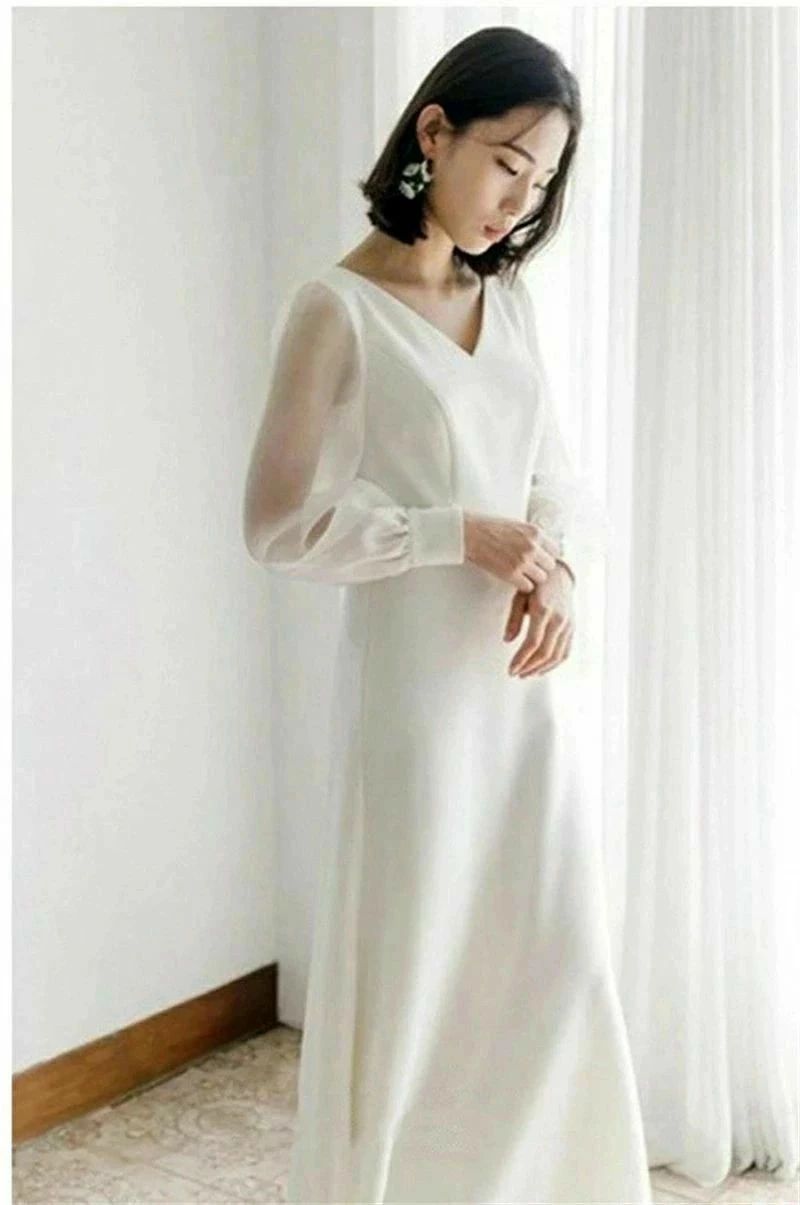 シンプル 長袖 花嫁ドレス フォトウエディング 後撮り 前撮り ビーチフォト カジュアル パーティードレス ウエディングドレス