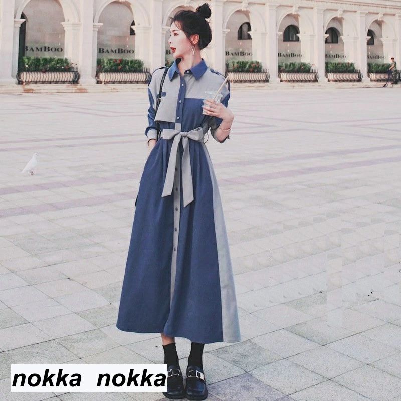 レディース 春 秋 Aライン ロング キレイめ シャツ 長袖ワンピース 切り替え 体型カバー 秋 着痩せ おしゃ