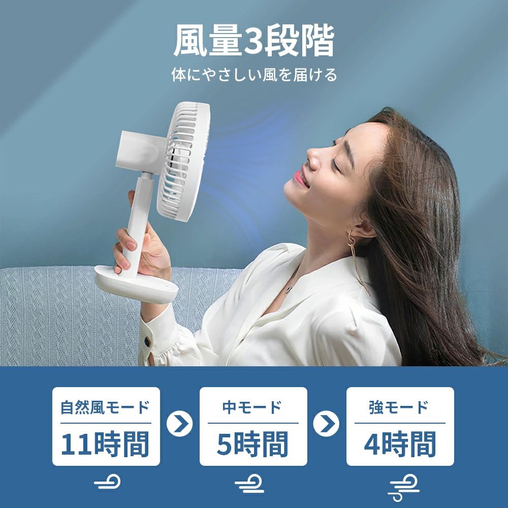 おしゃれ シンプル 机 小型 DCモーター 11時間連続使用可能 風量3段階 自動首振り 超静音 充電式 卓上扇風機