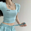 方襟露鎖骨タイツ2024夏半袖露臍Tシャツ学生ショート丈上着女