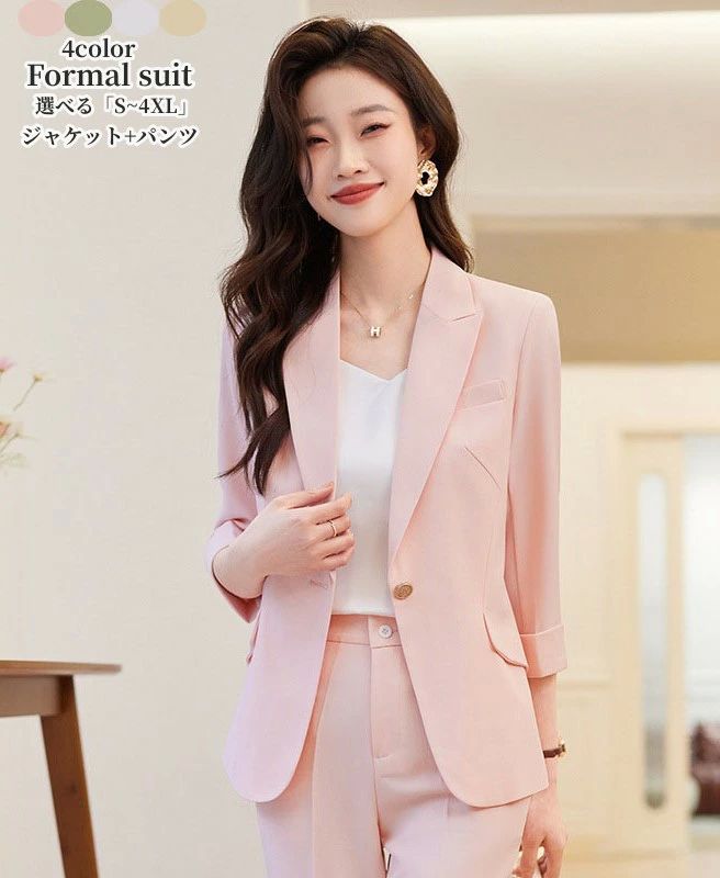 レディーススーツ セットアップ 夏新作 五分袖ジャケット+パンツ セレモニースーツ「S~4XL」カジュアルスーツ 2点セット ママ