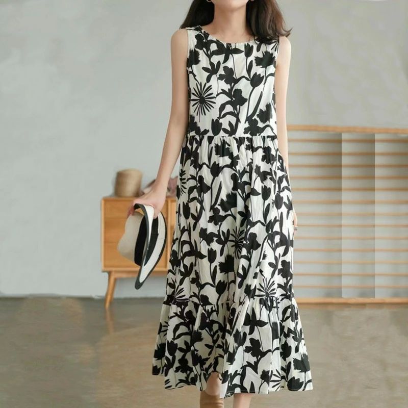 レディース ロング ワンピース ノースリーブ タンクワンピース 花柄 夏 ロング丈 ミモレ丈 クルーネック 大人 可愛いのサムネイル