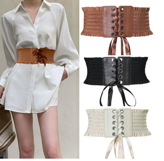 ゴムベルト 太ベルト バックゴム コルセット風 ワイドベルト リボン ゴム レースアップ レディース ベ..