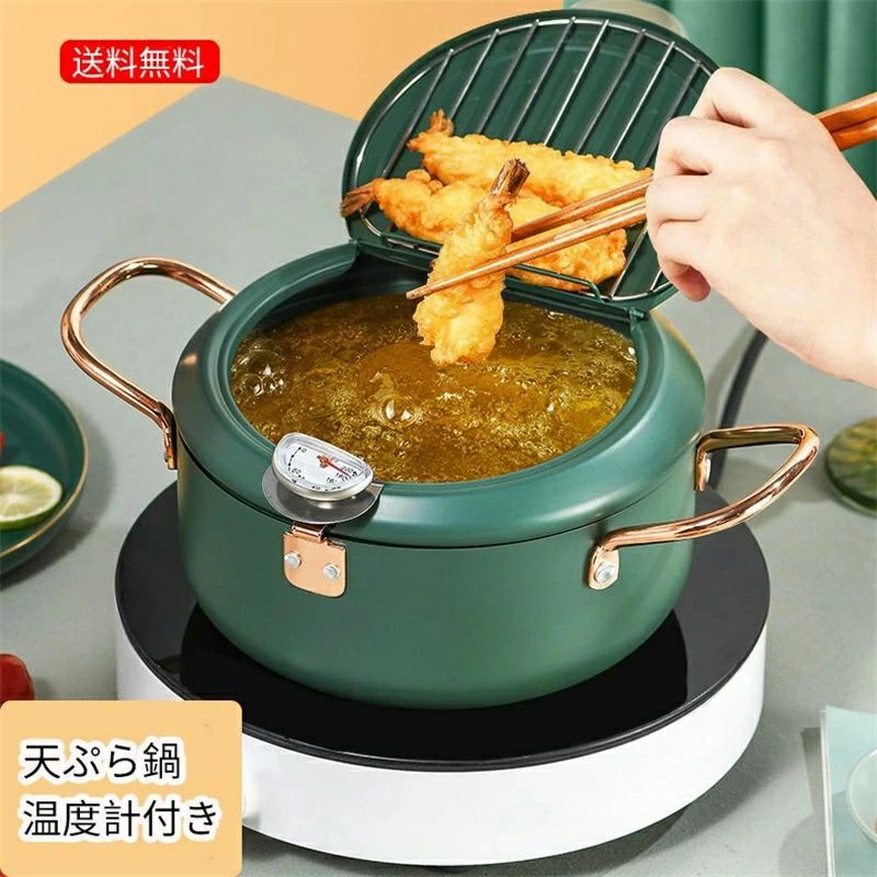 ワイヤー付き 油切り 温度計 天ぷら ガスコンロ 注ぎ口 網 フタ 蓋付き 24cm 油の飛び散りにくい 蓋付き天ぷら鍋 鉄製 度計付き