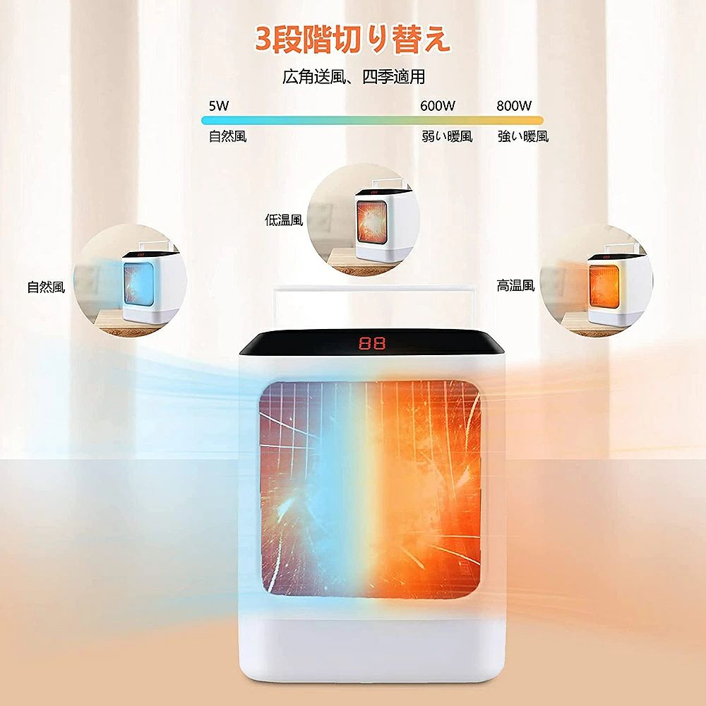 温度調 タイミング 過熱保護 7色のLEDライト付き ファンヒーター ミニヒーター 卓上 オフィス用 暖房器具 寝室 脱衣所