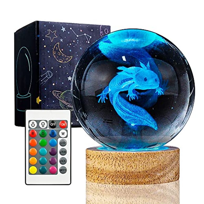 3D クリスタルボール ガラス玉 置物 3D Axolotl Crystal Ball Night Light with 16 Color LED Wooden Base Upgraded 3.15 Inch Axolotl Glass Ball Lamp with Remote Control Cool Desk Decor …