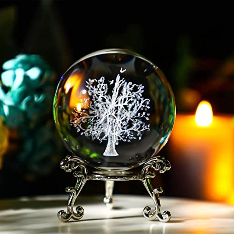 RCR 3D クリスタルボール ガラス玉 置物 ZEERSHEE 60mm 3D Laser Glass Tree of Life Ball Figurine 3D Crystal Ball with Stand Glass Life Tree Sphere Paperweights Healing Ball Christmas Art Decor Crafts Gift 【並行輸入品】