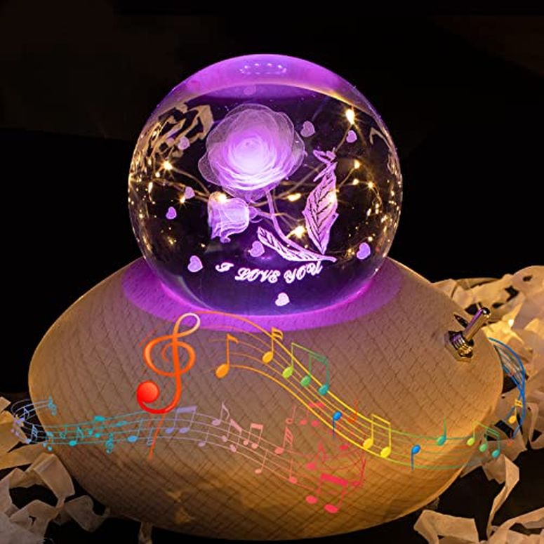 3D ꥹܡ 饹 ʪ NEPIVEL Music Box, 3D Crystal Ball Music Box with RGB Light Projection, 360 Rotating Wooden Base Night Light, Best Gift for Valent...