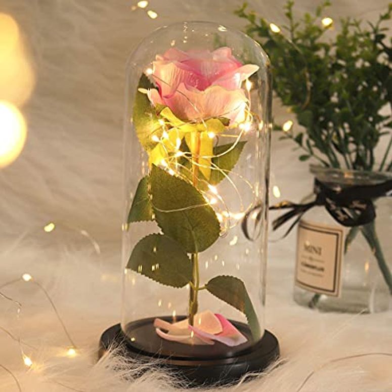 ガラスドーム 花 バラ ローズ RECUTMS Beauty and The Beast Rose, Pink + White Rose and Led Light in a Glass Dome for Mothers Day Valentine's Day Home Decor Holiday Birthday Party Wedding Anniversary (Pink+White) 【並行輸入品】