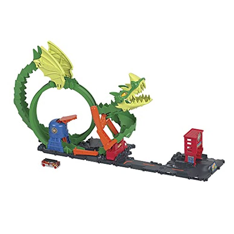 ホットウィール モンスタートラック ダウンヒルレース プレイセット Hot Wheels Track Set with 1:64 Scale Toy Firetruck, City Fire Station with Dragon Nemesis and Track Play, Dragon Drive Firefight 【並行輸入品】