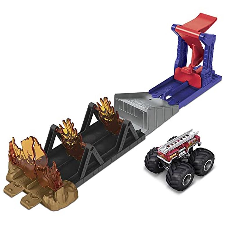 楽天MJ-MARKETホットウィール モンスタートラック ダウンヒルレース プレイセット Hot Wheels Monster Trucks Fire Through Hero Playset with 1:64 Scale Die-cast 5 Alarm Vehicle & Launcher, Gift for Kids Ages 3 to 8 Years Old 【並行輸入品】