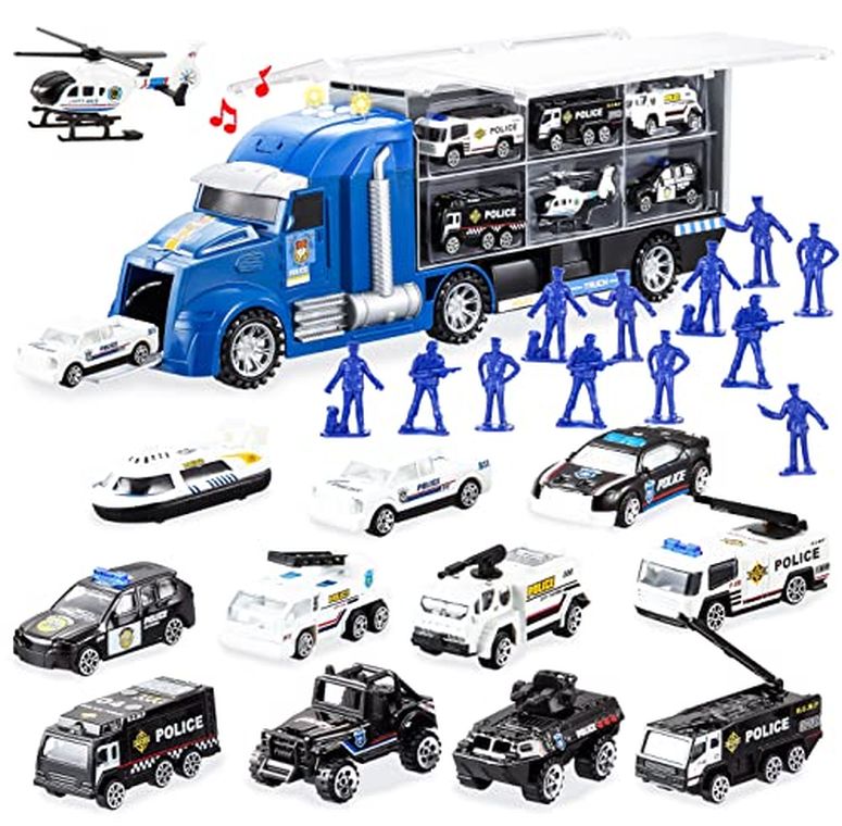 ホットウィール モンスタートラック ダウンヒルレース プレイセット JOYIN 25 in 1 Die-cast Police Rescue Truck Car Toy Set with Sounds and Lights, Mini Police Vehicles in Carrier Truck, Play Police Patrol Rescue Vehicle Toy, Birthday G 【並行輸入品】