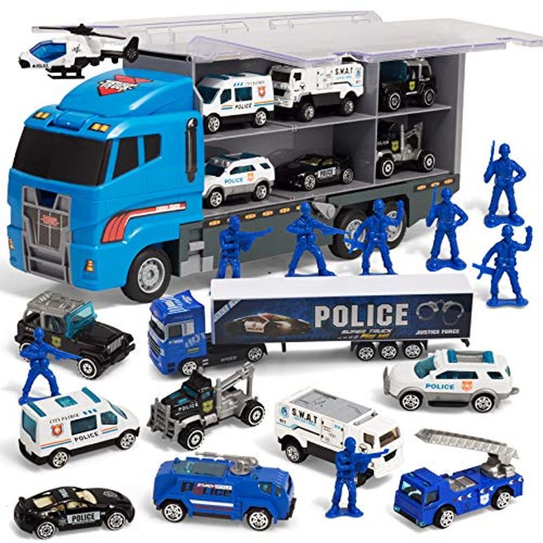 ホットウィール モンスタートラック ダウンヒルレース プレイセット JOYIN 19 in 1 Die-cast Police Toy Truck with Little Police Figures, Mini Police Vehicles in Big Carrier Truck, Patrol Rescue Helicopter for Boys 3-9 Years Old, Kids Va 【並行輸入品】