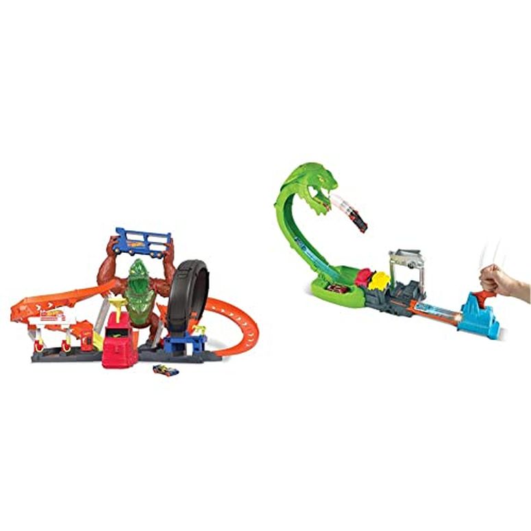 ホットウィール モンスタートラック ダウンヒルレース プレイセット Hot Wheels Toxic Gorilla Slam Gas Station & Tire Repair Shop Playset for Kids 5 Years Old & Up & Toxic Snake Strike Challenge Play Set with Slime for Kids 5 Years Old 【並行輸入品】