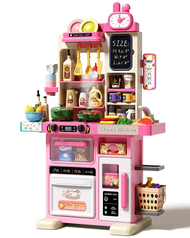 キッチン おままごと 台所 33.8IN Kids Kitchen Playset, 70PCS Kid Play Kitchen with Realistic Lights & Sounds, Spray Sink Toy Kitchen Accessories, Pretend Food Toys Kitchen for Boys Girls Toddlers Age 1-3(Pink) 【並行輸入品】