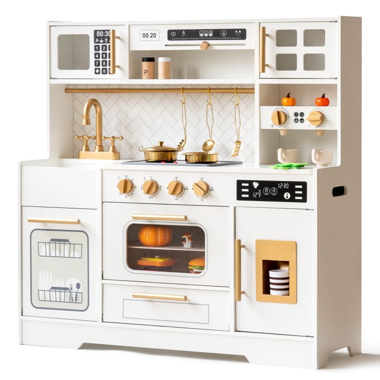 キッチン おままごと 台所 Interactive Wooden Play Kitchen Set for Kids Realistic Features wi...