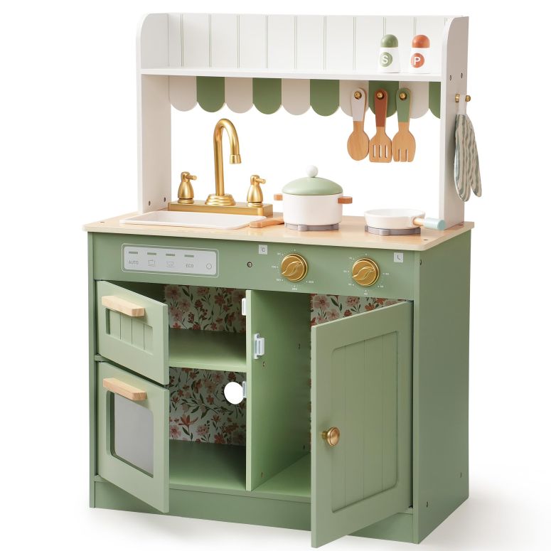 キッチン おままごと 台所 ROBOTIME Play Kitchen for Kids Toddlers, Wooden Pretend Play Kitchen Set Toy with Cutting Food Set, Toys Kitchen Gift for 3+ Year Old Kids, Girls & Boys 【並行輸入品】