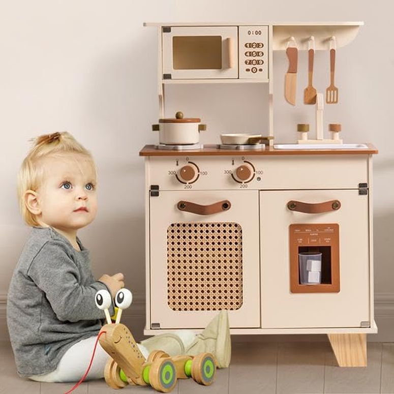 キッチン おままごと 台所 ROBUD Kids Kitchen Playset, Mocha Montessori Wooden Play Kitchen w...