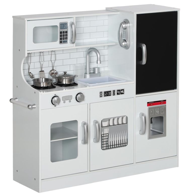 キッチン おままごと 台所 Qaba Kids Kitchen Playset - Pretend Play Toy Kitchen with Phone, Chalkboard, Towel Rack, Ice Maker, 5 Accessories, Storage Space, Microwave & Sink - Gift for 3-8 Years, White 【並行輸入品】