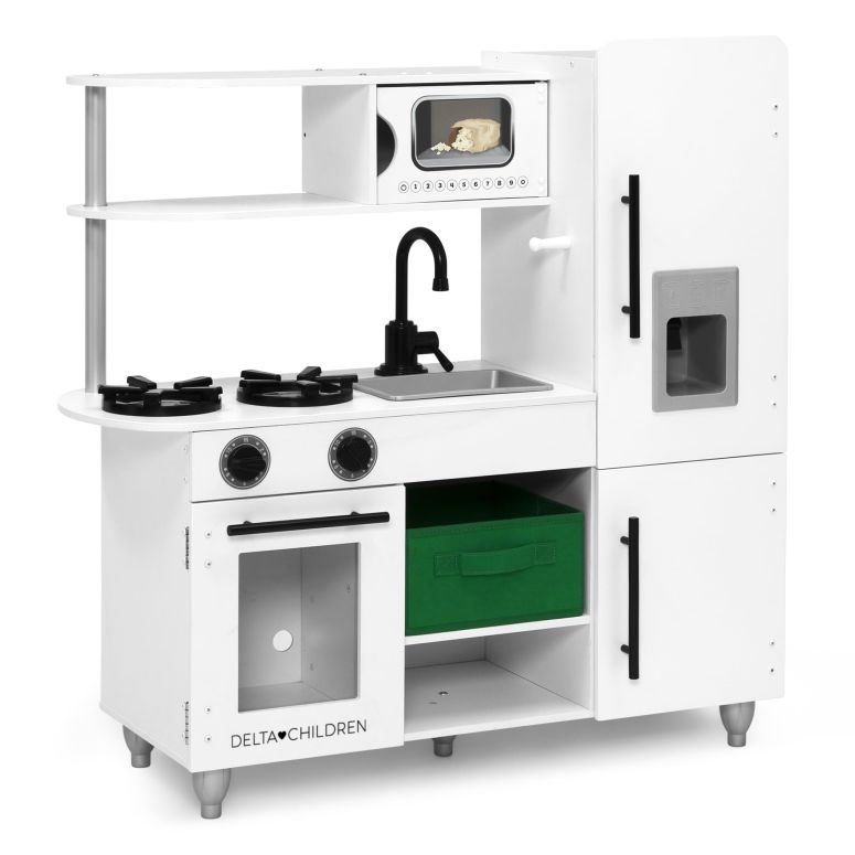 キッチン おままごと 台所 Delta Children Deluxe Modern Kitchen - Toy Kitchen Playset with Realistic Knobs That Turn/Click, Oven, Sink and Fridge/Freezer with Ice Maker, White 【並行輸入品】
