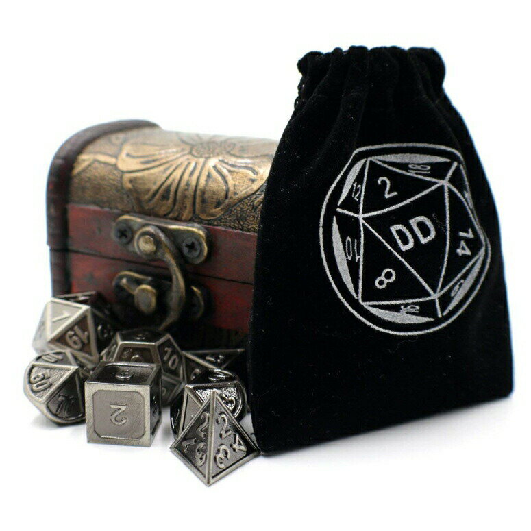 多面体ダイスセット ウォーゲーム TRPG テーブルトーク DND に Metal Dice Set with Silver Border and Storage Chest for Tabletop Games 【並行輸入品】